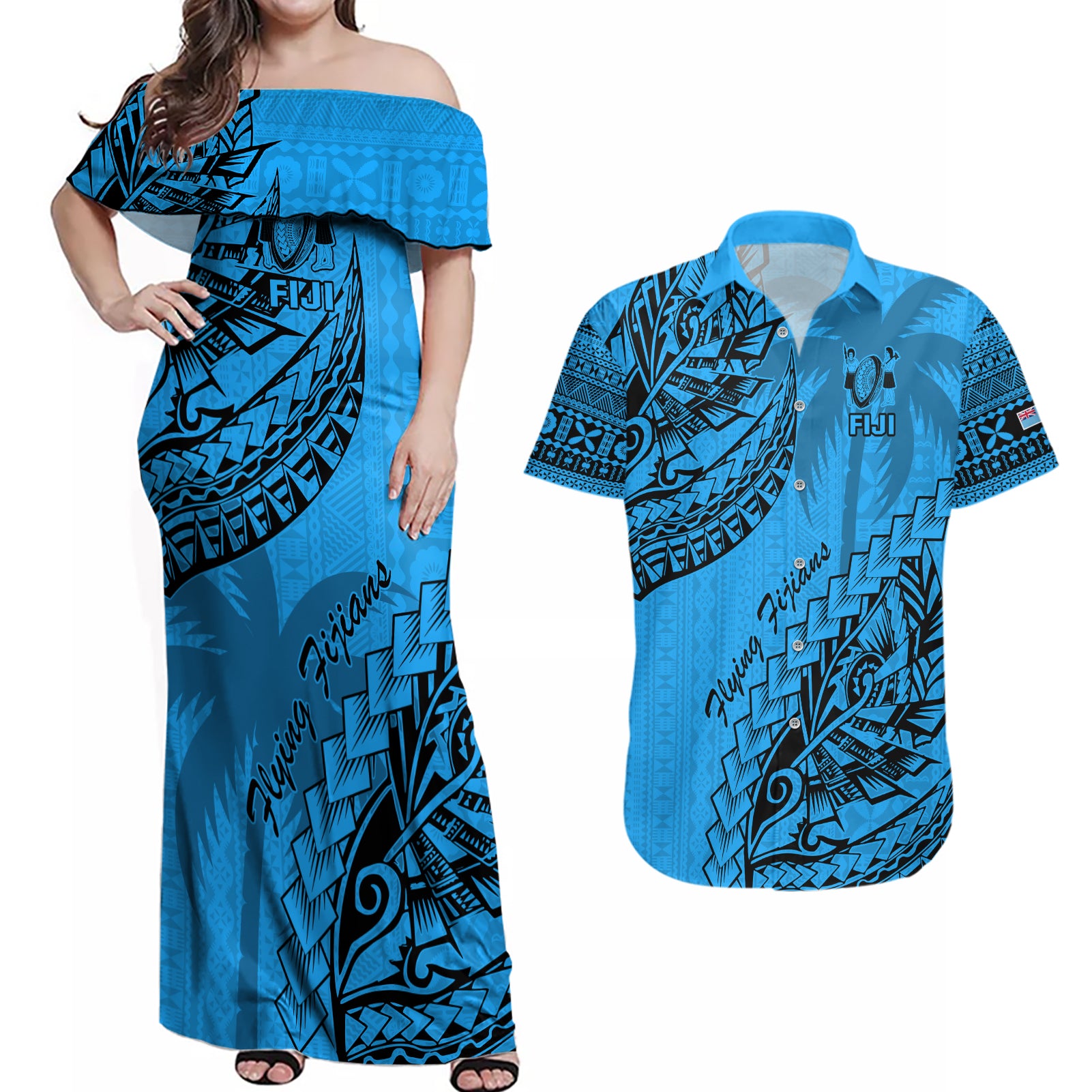 Fiji Rugby Couples Matching Off Shoulder Maxi Dress and Hawaiian Shirt Kaiviti Fijian Tribal World Cup Blue No1 LT9 Blue - Polynesian Pride