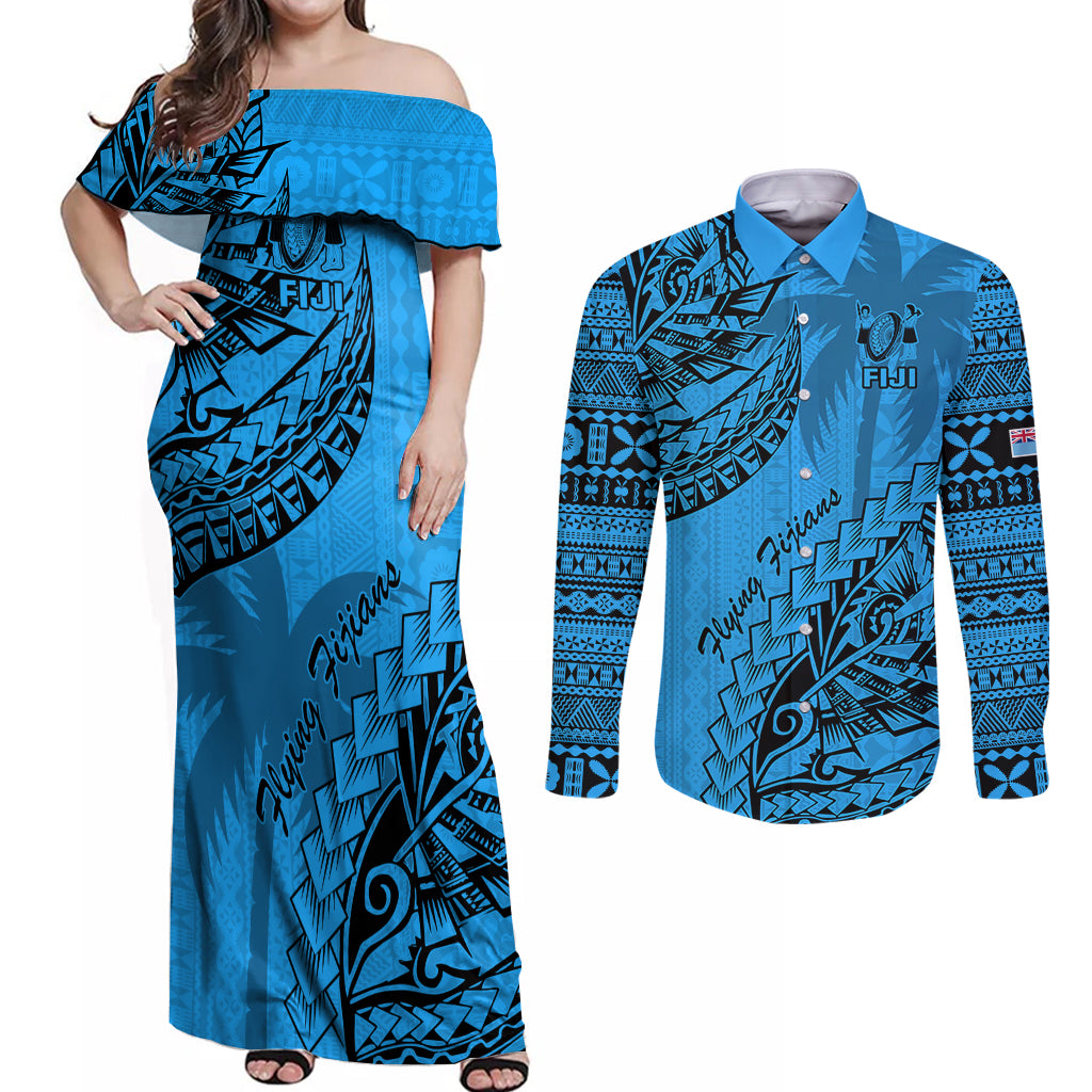 Fiji Rugby Couples Matching Off Shoulder Maxi Dress and Long Sleeve Button Shirt Kaiviti Fijian Tribal World Cup Blue No1 LT9 Blue - Polynesian Pride