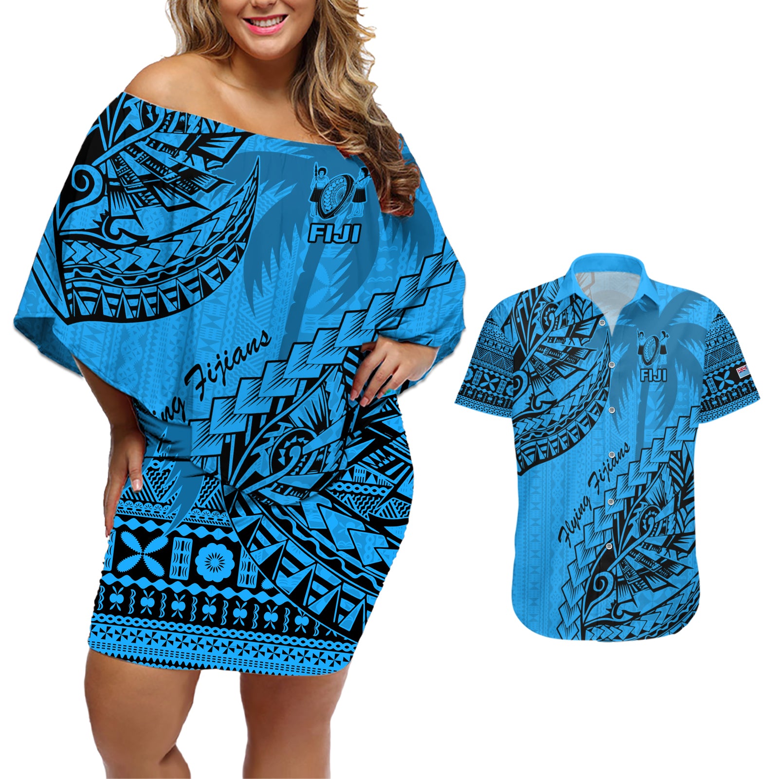 Fiji Rugby Couples Matching Off Shoulder Short Dress and Hawaiian Shirt Kaiviti Fijian Tribal World Cup Blue No1 LT9 Blue - Polynesian Pride