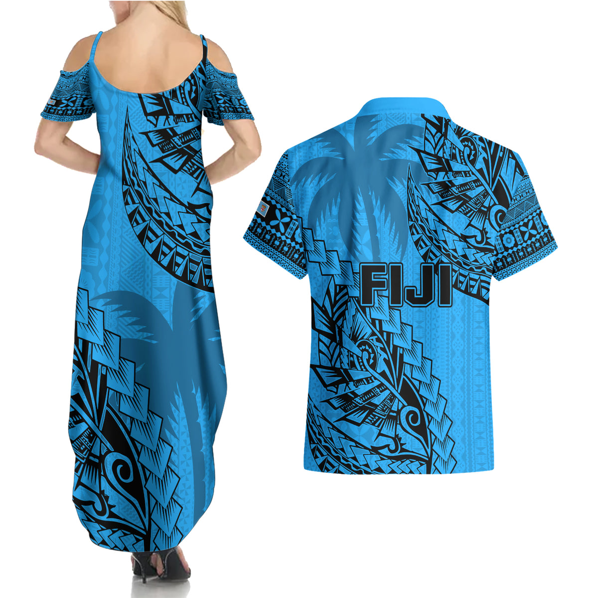 Fiji Rugby Couples Matching Summer Maxi Dress and Hawaiian Shirt Kaiviti Fijian Tribal World Cup Blue No1 LT9 - Polynesian Pride