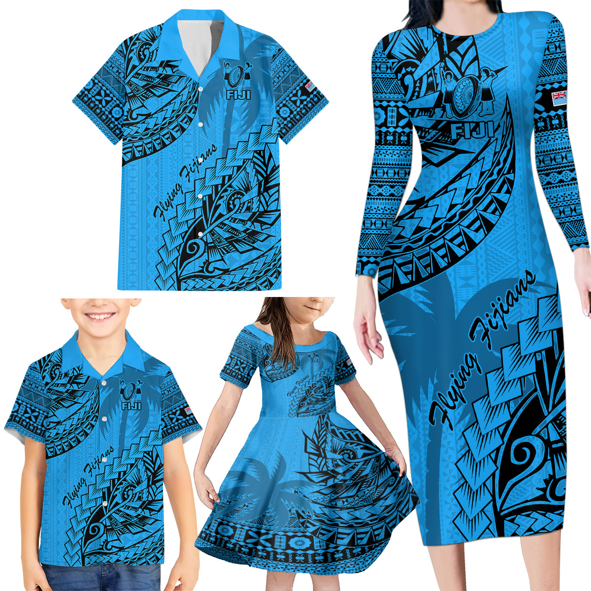 Fiji Rugby Family Matching Long Sleeve Bodycon Dress and Hawaiian Shirt Kaiviti Fijian Tribal World Cup Blue No1 LT9 - Polynesian Pride