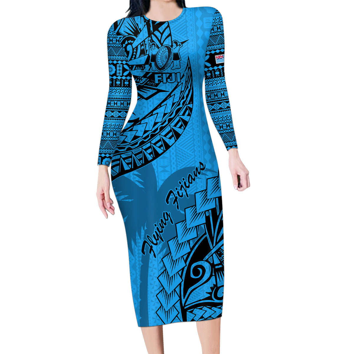 Fiji Rugby Family Matching Long Sleeve Bodycon Dress and Hawaiian Shirt Kaiviti Fijian Tribal World Cup Blue No1 LT9 Mom's Dress Blue - Polynesian Pride