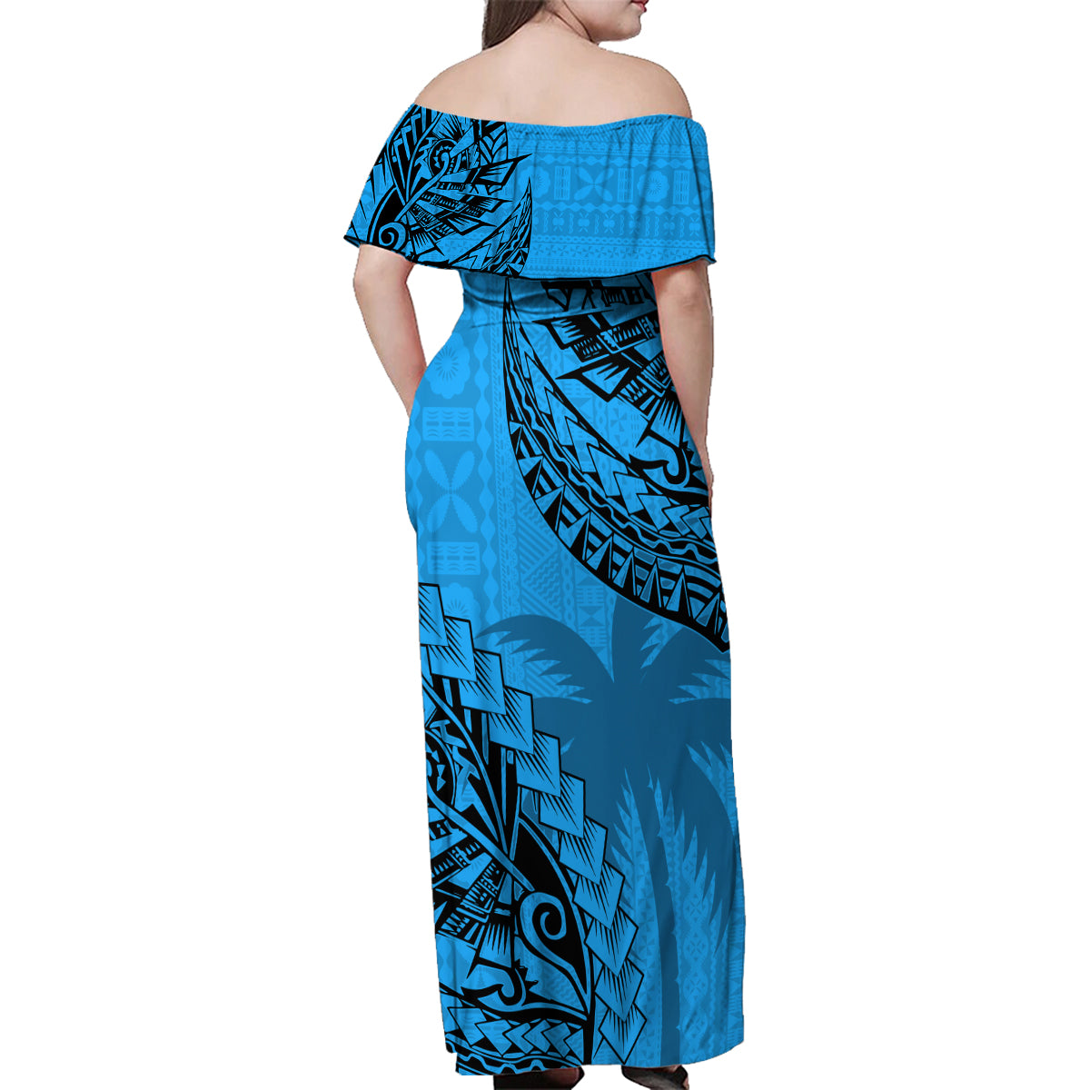 Fiji Rugby Family Matching Off Shoulder Maxi Dress and Hawaiian Shirt Kaiviti Fijian Tribal World Cup Blue No1 LT9 - Polynesian Pride