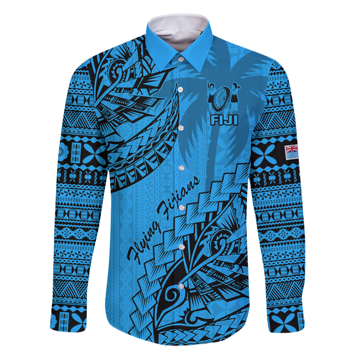 Fiji Rugby Family Matching Short Sleeve Bodycon Dress and Hawaiian Shirt Kaiviti Fijian Tribal World Cup Blue No1 LT9 Dad's Shirt - Long Sleeve Blue - Polynesian Pride