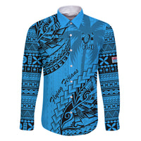 Fiji Rugby Family Matching Short Sleeve Bodycon Dress and Hawaiian Shirt Kaiviti Fijian Tribal World Cup Blue No1 LT9 Dad's Shirt - Long Sleeve Blue - Polynesian Pride