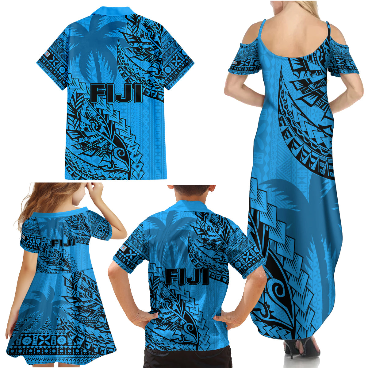 Fiji Rugby Family Matching Summer Maxi Dress and Hawaiian Shirt Kaiviti Fijian Tribal World Cup Blue No1 LT9 - Polynesian Pride