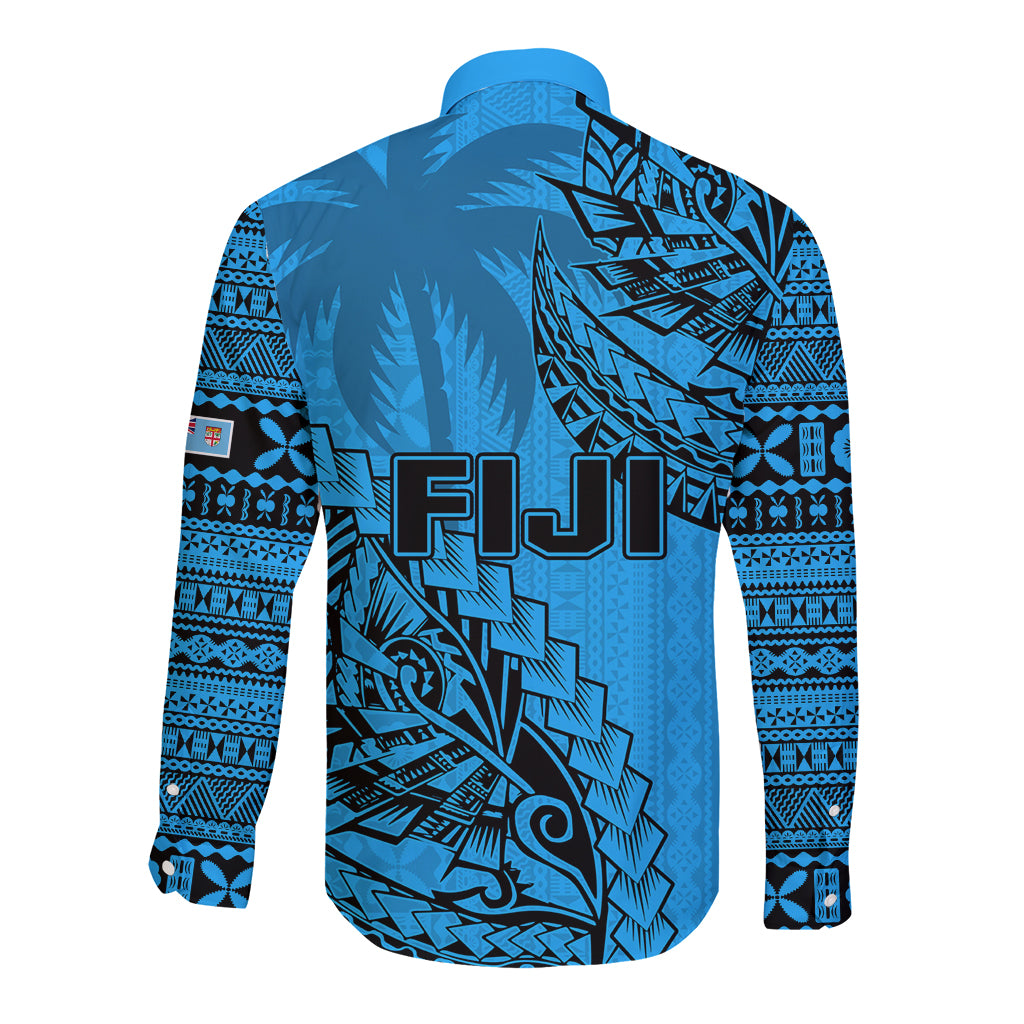 Fiji Rugby Long Sleeve Button Shirt Kaiviti Fijian Tribal World Cup Blue No1 LT9 - Polynesian Pride