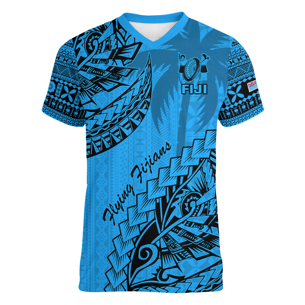 Fiji Rugby Women V Neck T Shirt Kaiviti Fijian Tribal World Cup Blue No1 LT9 Female Blue - Polynesian Pride
