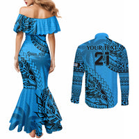 Custom Fiji Rugby Couples Matching Mermaid Dress and Long Sleeve Button Shirt Kaiviti Fijian Tribal World Cup Blue No1 LT9 - Polynesian Pride