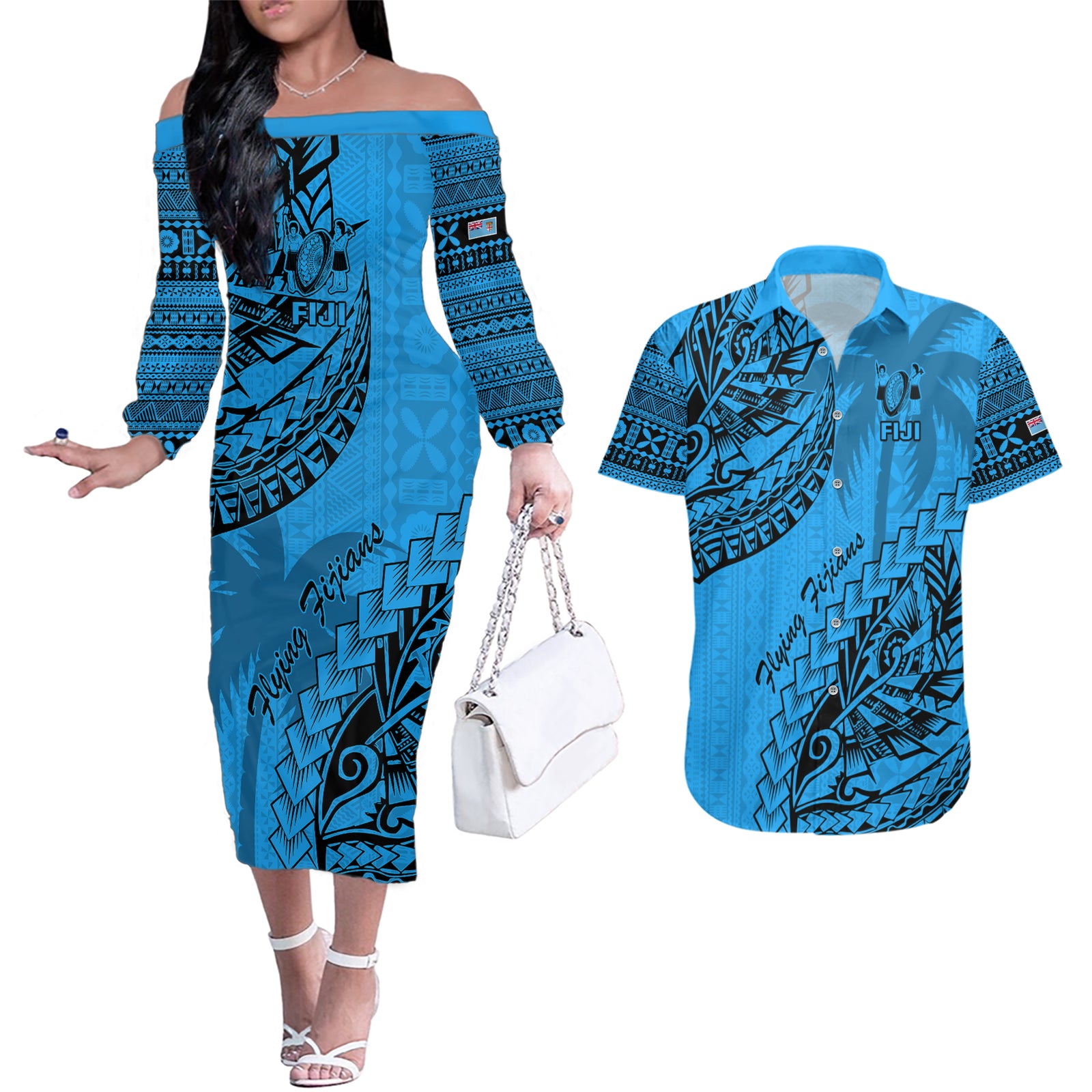 Custom Fiji Rugby Couples Matching Off The Shoulder Long Sleeve Dress and Hawaiian Shirt Kaiviti Fijian Tribal World Cup Blue No1 LT9 Blue - Polynesian Pride