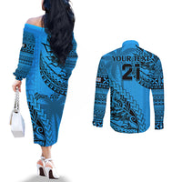 Custom Fiji Rugby Couples Matching Off The Shoulder Long Sleeve Dress and Long Sleeve Button Shirt Kaiviti Fijian Tribal World Cup Blue No1 LT9 - Polynesian Pride