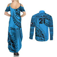 Custom Fiji Rugby Couples Matching Summer Maxi Dress and Long Sleeve Button Shirt Kaiviti Fijian Tribal World Cup Blue No1 LT9 - Polynesian Pride