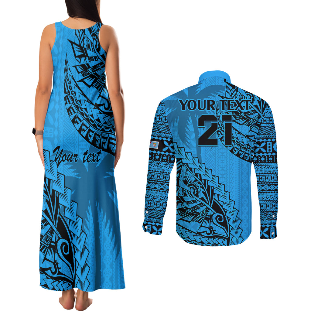 Custom Fiji Rugby Couples Matching Tank Maxi Dress and Long Sleeve Button Shirt Kaiviti Fijian Tribal World Cup Blue No1 LT9 - Polynesian Pride
