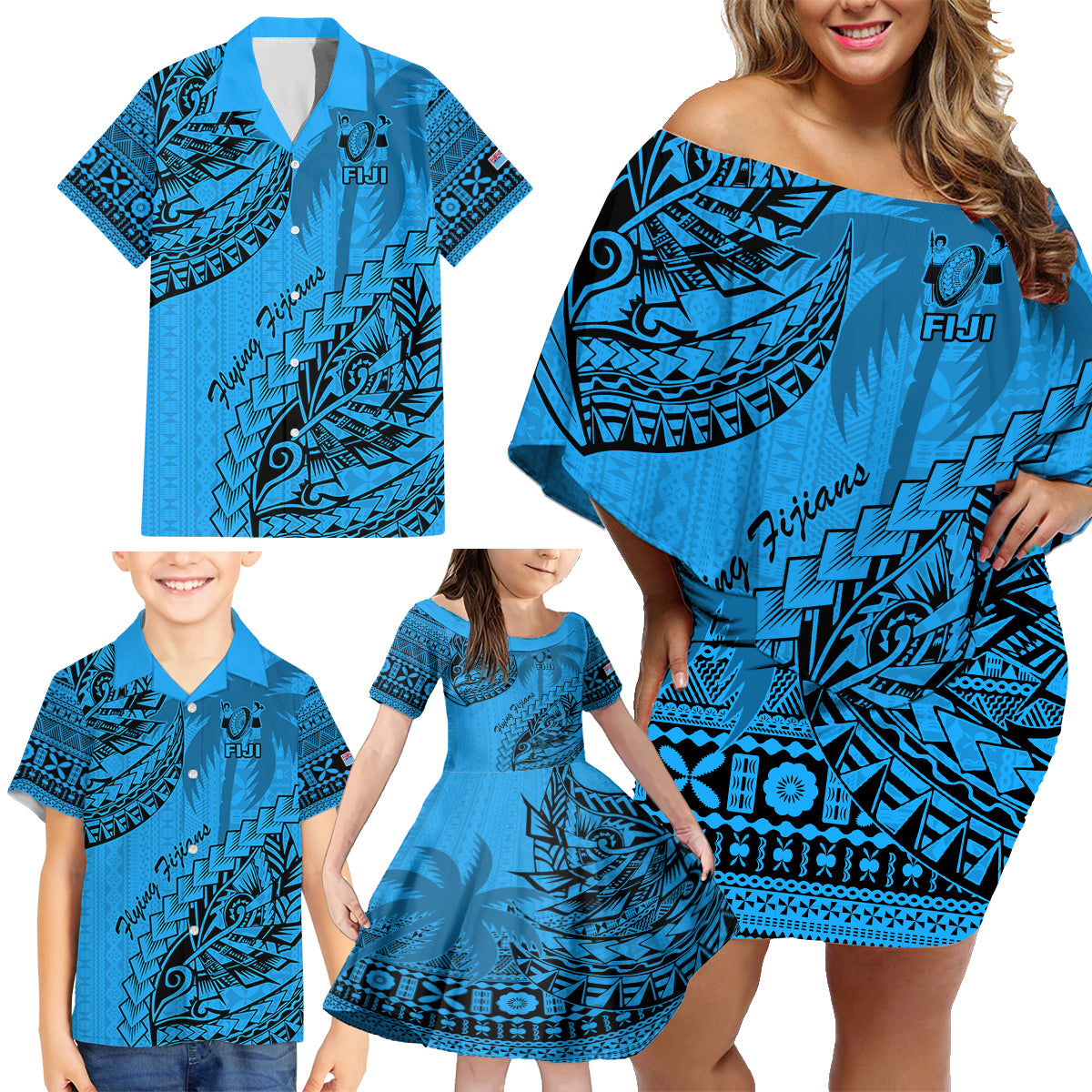 Custom Fiji Rugby Family Matching Off Shoulder Short Dress and Hawaiian Shirt Kaiviti Fijian Tribal World Cup Blue No1 LT9 - Polynesian Pride