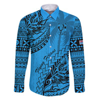 Custom Fiji Rugby Family Matching Off Shoulder Short Dress and Hawaiian Shirt Kaiviti Fijian Tribal World Cup Blue No1 LT9 Dad's Shirt - Long Sleeve Blue - Polynesian Pride