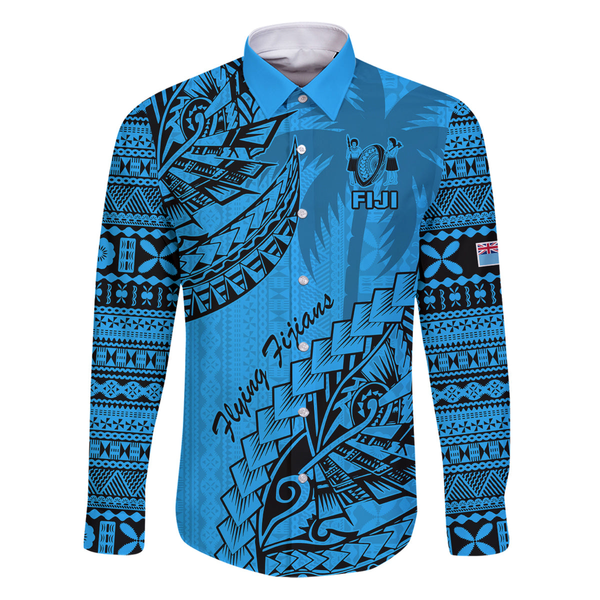 Custom Fiji Rugby Family Matching Puletasi Dress and Hawaiian Shirt Kaiviti Fijian Tribal World Cup Blue No1 LT9 Dad's Shirt - Long Sleeve Blue - Polynesian Pride
