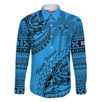 Custom Fiji Rugby Family Matching Puletasi Dress and Hawaiian Shirt Kaiviti Fijian Tribal World Cup Blue No1 LT9 Dad's Shirt - Long Sleeve Blue - Polynesian Pride