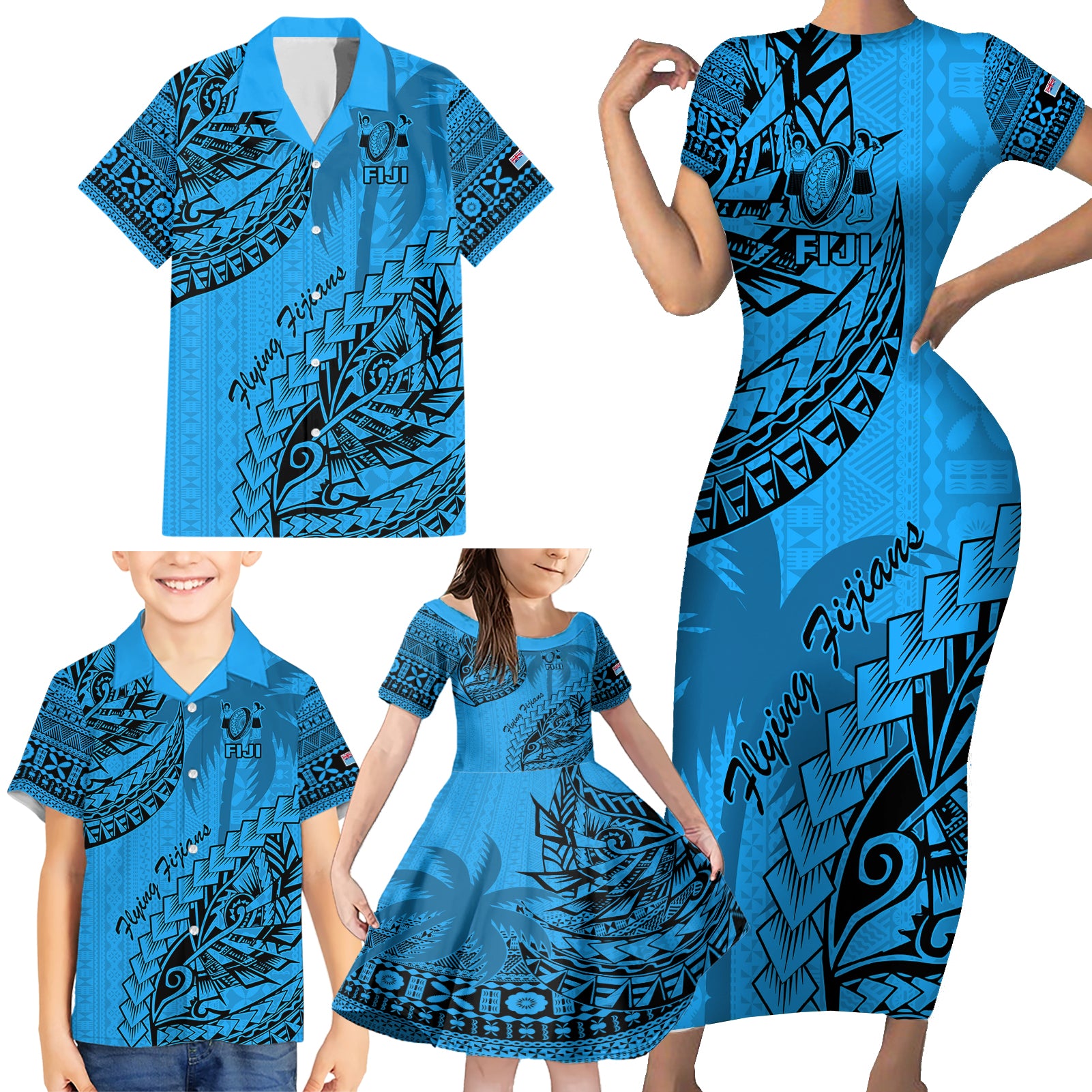 Custom Fiji Rugby Family Matching Short Sleeve Bodycon Dress and Hawaiian Shirt Kaiviti Fijian Tribal World Cup Blue No1 LT9 - Polynesian Pride