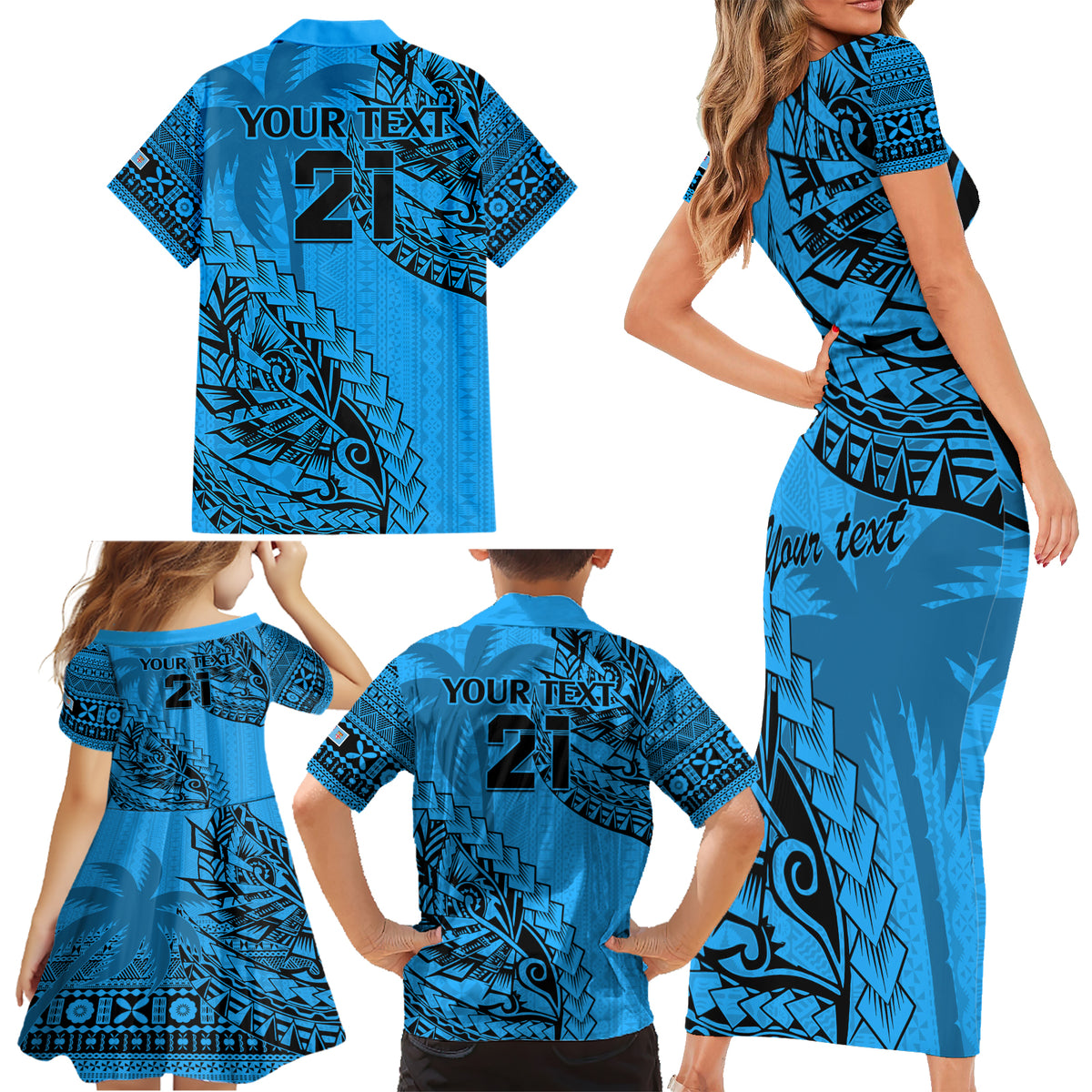 Custom Fiji Rugby Family Matching Short Sleeve Bodycon Dress and Hawaiian Shirt Kaiviti Fijian Tribal World Cup Blue No1 LT9 - Polynesian Pride
