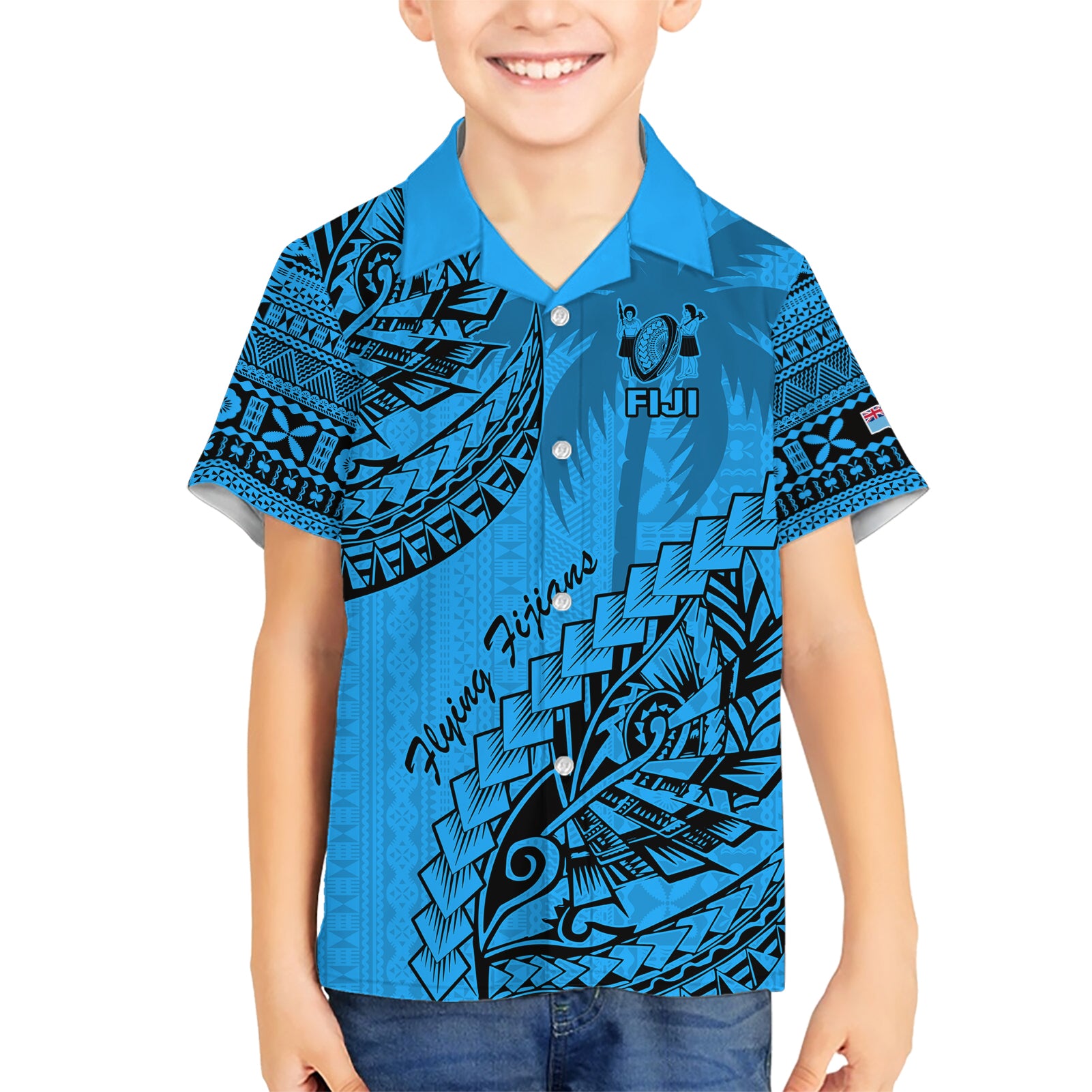 Custom Fiji Rugby Kid Hawaiian Shirt Kaiviti Fijian Tribal World Cup Blue No1 LT9 Kid Blue - Polynesian Pride