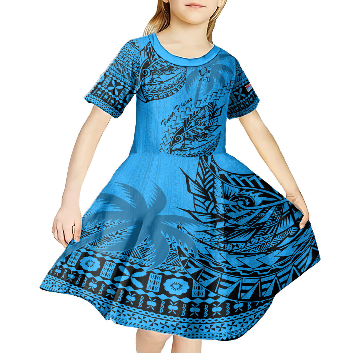 Custom Fiji Rugby Kid Short Sleeve Dress Kaiviti Fijian Tribal World Cup Blue No1 LT9 - Polynesian Pride
