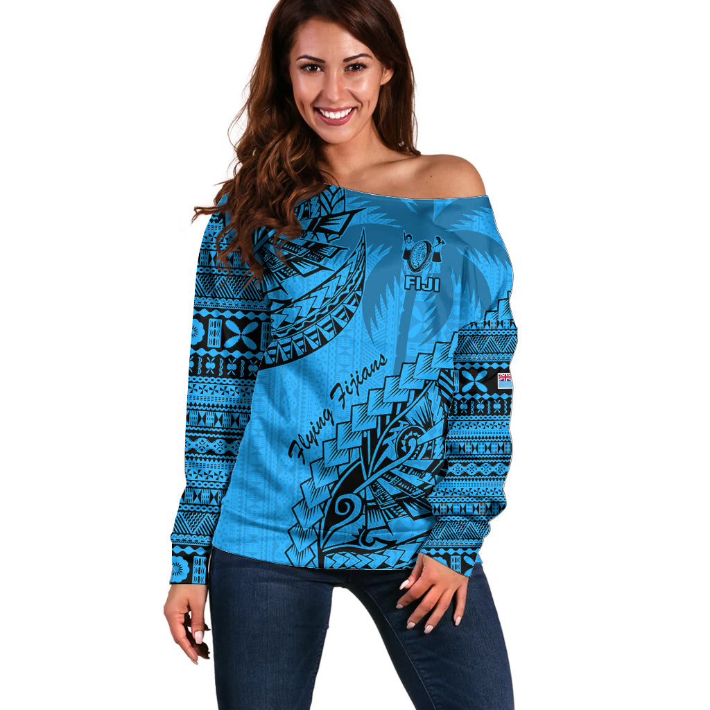 Custom Fiji Rugby Off Shoulder Sweater Kaiviti Fijian Tribal World Cup Blue No1 LT9 Women Blue - Polynesian Pride