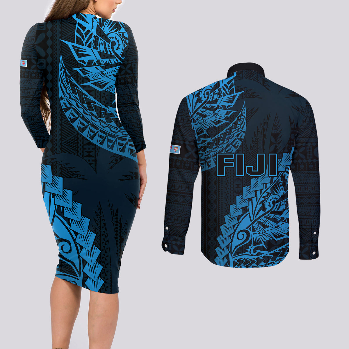 Fiji Rugby Couples Matching Long Sleeve Bodycon Dress and Long Sleeve Button Shirt Kaiviti Fijian Tribal World Cup Blue No2 LT9 - Polynesian Pride