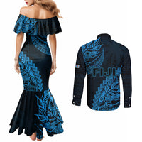 Fiji Rugby Couples Matching Mermaid Dress and Long Sleeve Button Shirt Kaiviti Fijian Tribal World Cup Blue No2 LT9 - Polynesian Pride