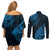 Fiji Rugby Couples Matching Off Shoulder Short Dress and Long Sleeve Button Shirt Kaiviti Fijian Tribal World Cup Blue No2 LT9 - Polynesian Pride