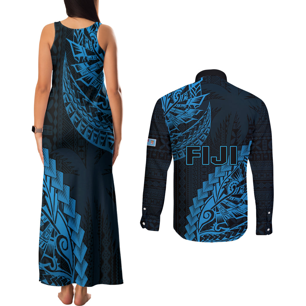 Fiji Rugby Couples Matching Tank Maxi Dress and Long Sleeve Button Shirt Kaiviti Fijian Tribal World Cup Blue No2 LT9 - Polynesian Pride