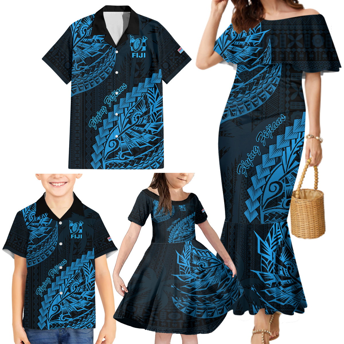 Fiji Rugby Family Matching Mermaid Dress and Hawaiian Shirt Kaiviti Fijian Tribal World Cup Blue No2 LT9 - Polynesian Pride