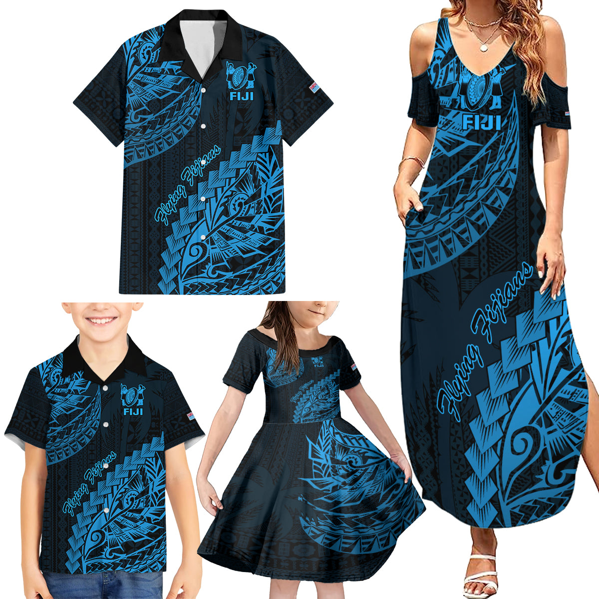 Fiji Rugby Family Matching Summer Maxi Dress and Hawaiian Shirt Kaiviti Fijian Tribal World Cup Blue No2 LT9 - Polynesian Pride