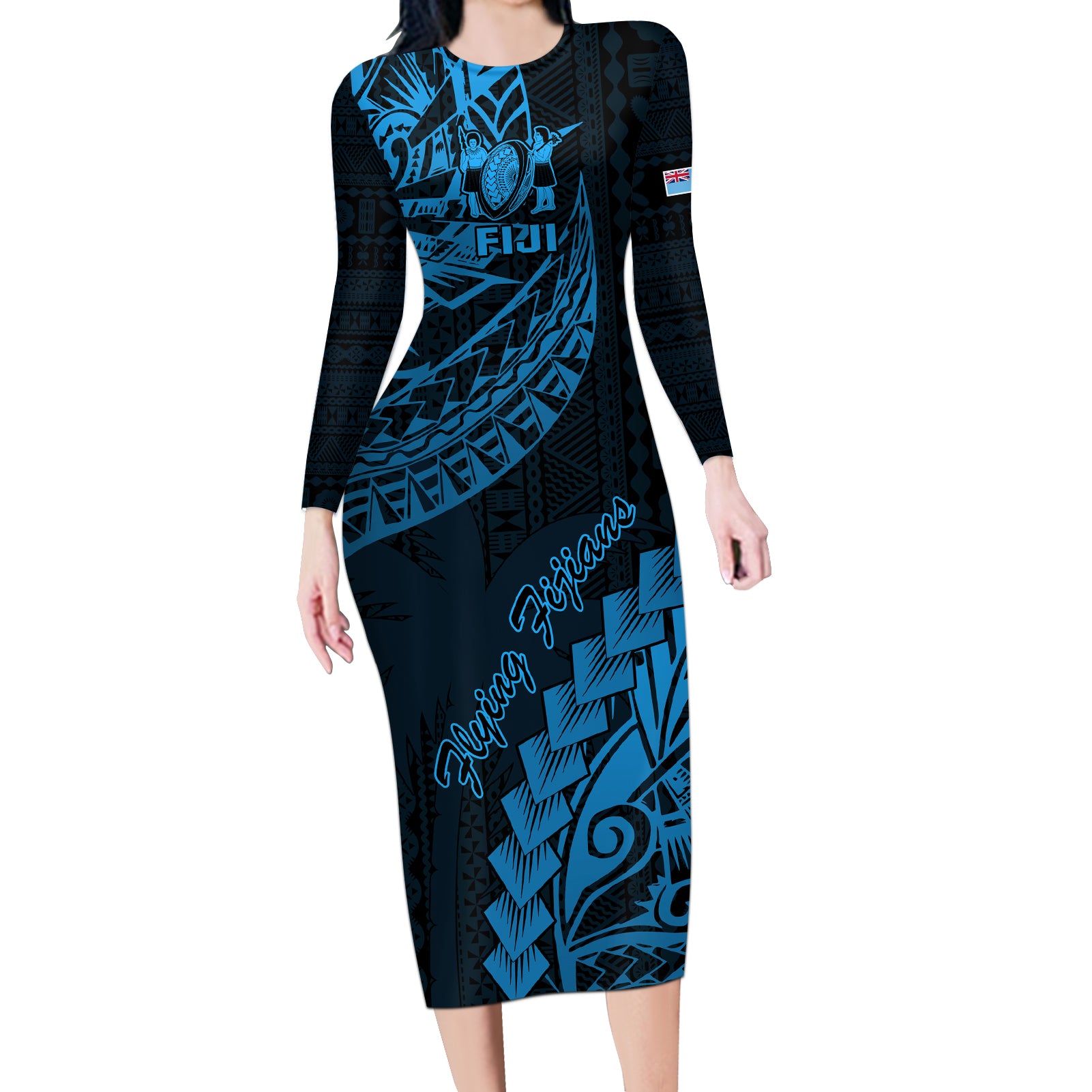 Fiji Rugby Long Sleeve Bodycon Dress Kaiviti Fijian Tribal World Cup Blue No2 LT9 Long Dress Blue - Polynesian Pride