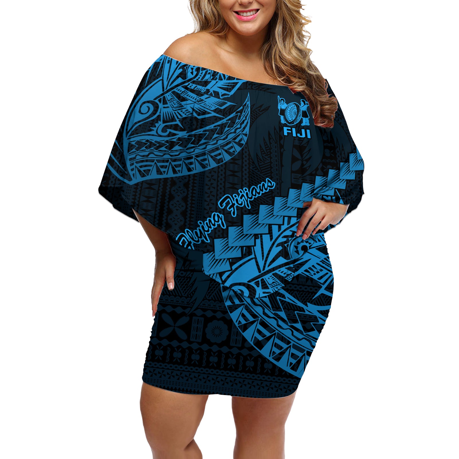 Fiji Rugby Off Shoulder Short Dress Kaiviti Fijian Tribal World Cup Blue No2 LT9 Women Blue - Polynesian Pride