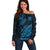 Fiji Rugby Off Shoulder Sweater Kaiviti Fijian Tribal World Cup Blue No2 LT9 Women Blue - Polynesian Pride