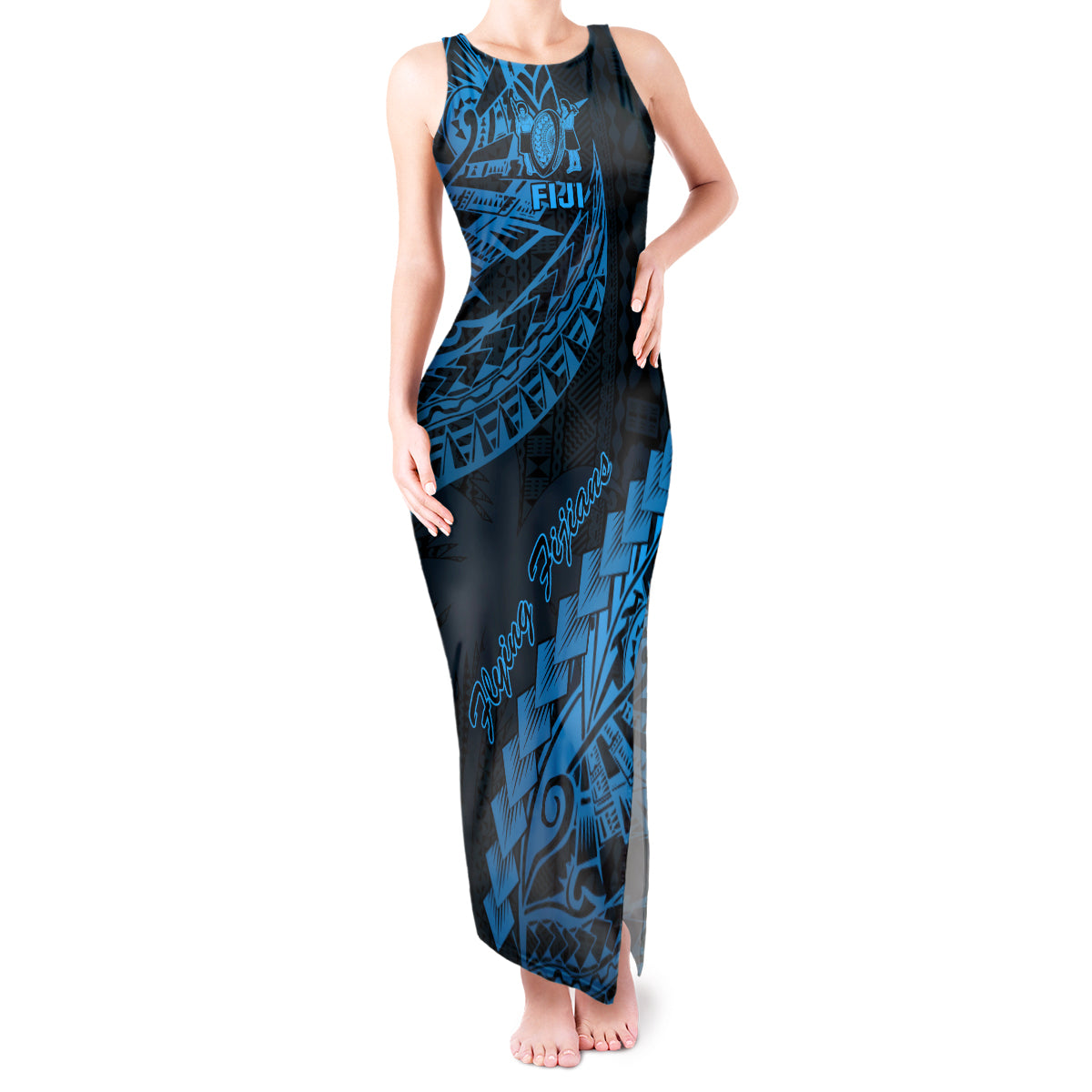 Fiji Rugby Tank Maxi Dress Kaiviti Fijian Tribal World Cup Blue No2 LT9 Women Blue - Polynesian Pride