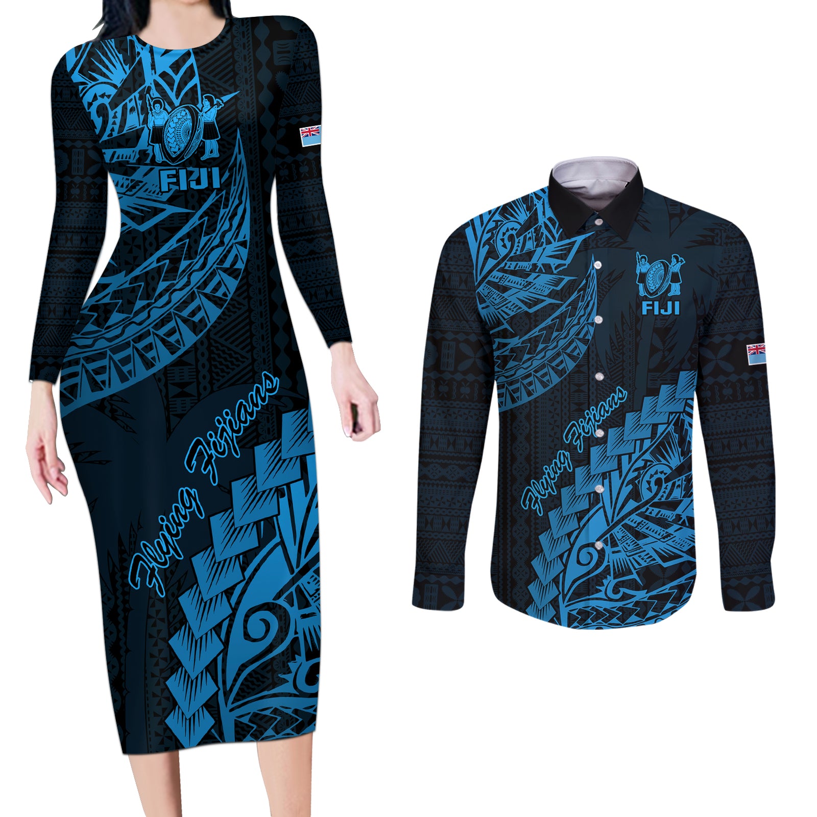 Custom Fiji Rugby Couples Matching Long Sleeve Bodycon Dress and Long Sleeve Button Shirt Kaiviti Fijian Tribal World Cup Blue No2 LT9 Blue - Polynesian Pride