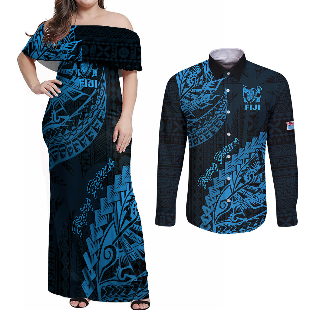 Custom Fiji Rugby Couples Matching Off Shoulder Maxi Dress and Long Sleeve Button Shirt Kaiviti Fijian Tribal World Cup Blue No2 LT9 Blue - Polynesian Pride