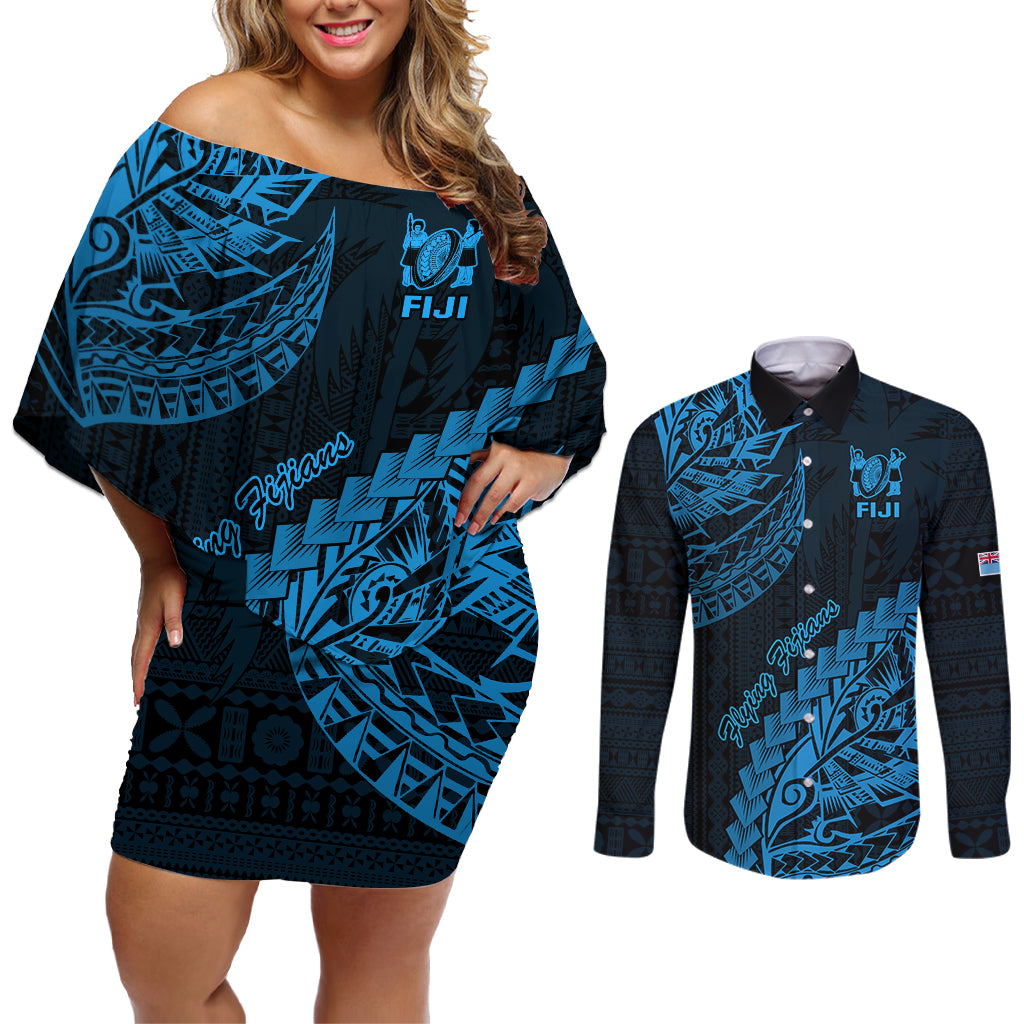 Custom Fiji Rugby Couples Matching Off Shoulder Short Dress and Long Sleeve Button Shirt Kaiviti Fijian Tribal World Cup Blue No2 LT9 Blue - Polynesian Pride