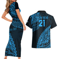 Custom Fiji Rugby Couples Matching Short Sleeve Bodycon Dress and Hawaiian Shirt Kaiviti Fijian Tribal World Cup Blue No2 LT9 - Polynesian Pride