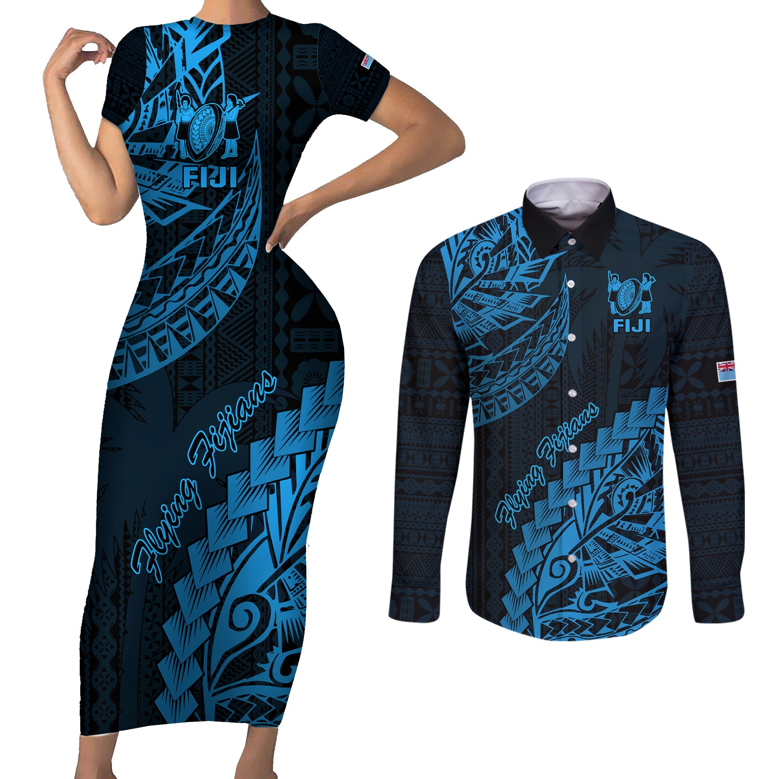 Custom Fiji Rugby Couples Matching Short Sleeve Bodycon Dress and Long Sleeve Button Shirt Kaiviti Fijian Tribal World Cup Blue No2 LT9 Blue - Polynesian Pride