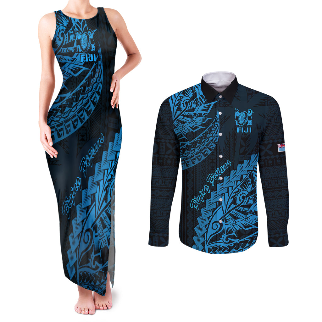 Custom Fiji Rugby Couples Matching Tank Maxi Dress and Long Sleeve Button Shirt Kaiviti Fijian Tribal World Cup Blue No2 LT9 Blue - Polynesian Pride