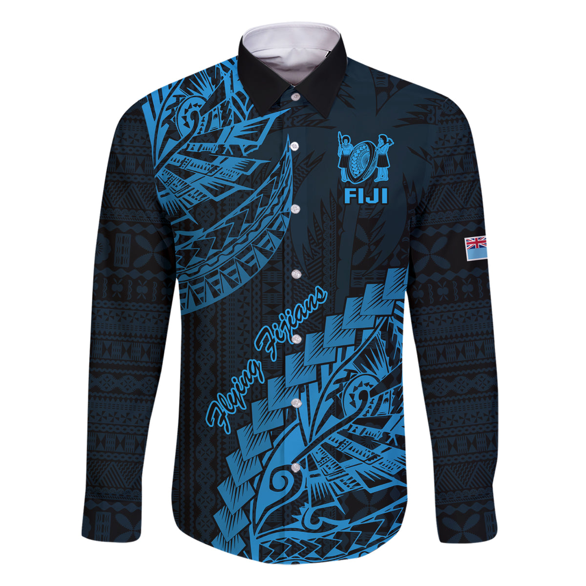 Custom Fiji Rugby Family Matching Short Sleeve Bodycon Dress and Hawaiian Shirt Kaiviti Fijian Tribal World Cup Blue No2 LT9 Dad's Shirt - Long Sleeve Blue - Polynesian Pride