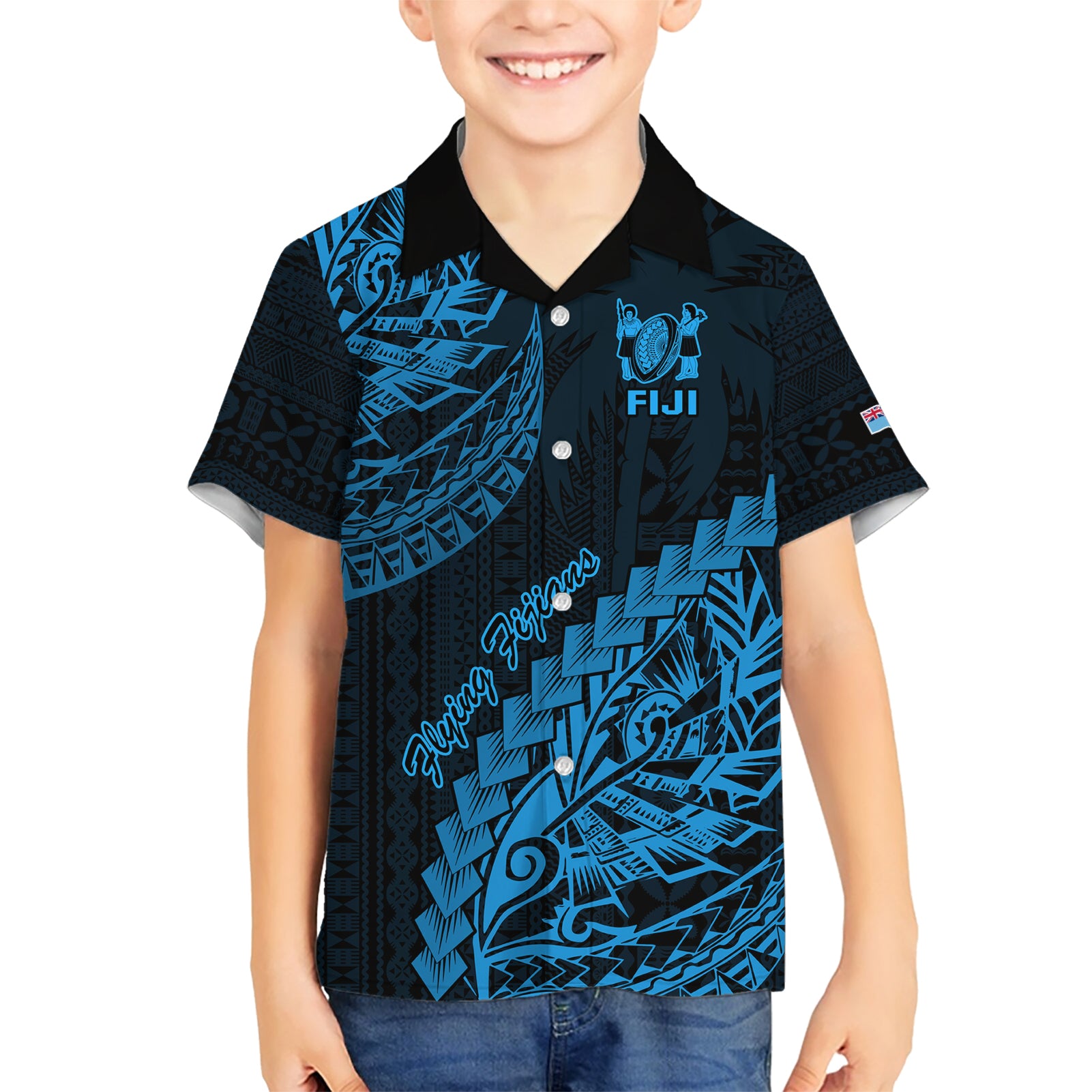 Custom Fiji Rugby Kid Hawaiian Shirt Kaiviti Fijian Tribal World Cup Blue No2 LT9 Kid Blue - Polynesian Pride