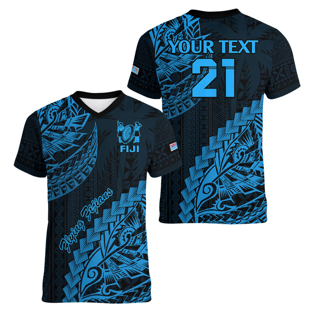 Custom Fiji Rugby Women V Neck T Shirt Kaiviti Fijian Tribal World Cup Blue No2 LT9 - Polynesian Pride