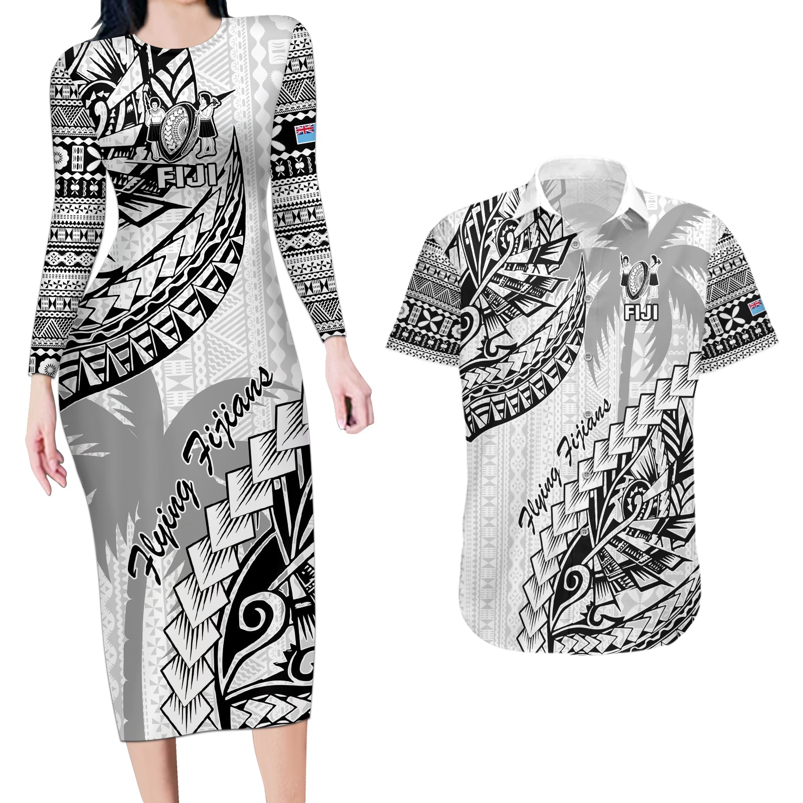 Fiji Rugby Couples Matching Long Sleeve Bodycon Dress and Hawaiian Shirt Kaiviti Fijian Tribal World Cup White LT9 White - Polynesian Pride