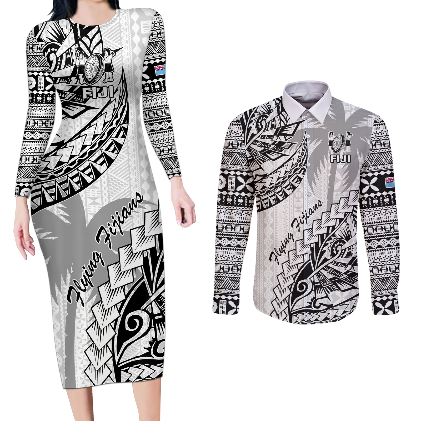 Fiji Rugby Couples Matching Long Sleeve Bodycon Dress and Long Sleeve Button Shirt Kaiviti Fijian Tribal World Cup White LT9 White - Polynesian Pride