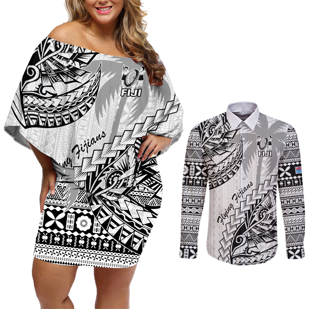 Fiji Rugby Couples Matching Off Shoulder Short Dress and Long Sleeve Button Shirt Kaiviti Fijian Tribal World Cup White LT9 White - Polynesian Pride