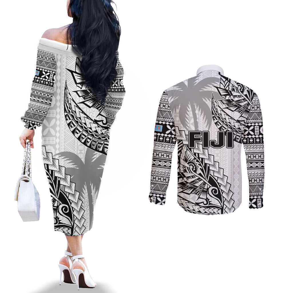 Fiji Rugby Couples Matching Off The Shoulder Long Sleeve Dress and Long Sleeve Button Shirt Kaiviti Fijian Tribal World Cup White LT9 - Polynesian Pride