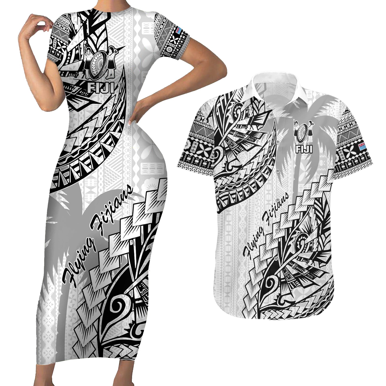 Fiji Rugby Couples Matching Short Sleeve Bodycon Dress and Hawaiian Shirt Kaiviti Fijian Tribal World Cup White LT9 White - Polynesian Pride